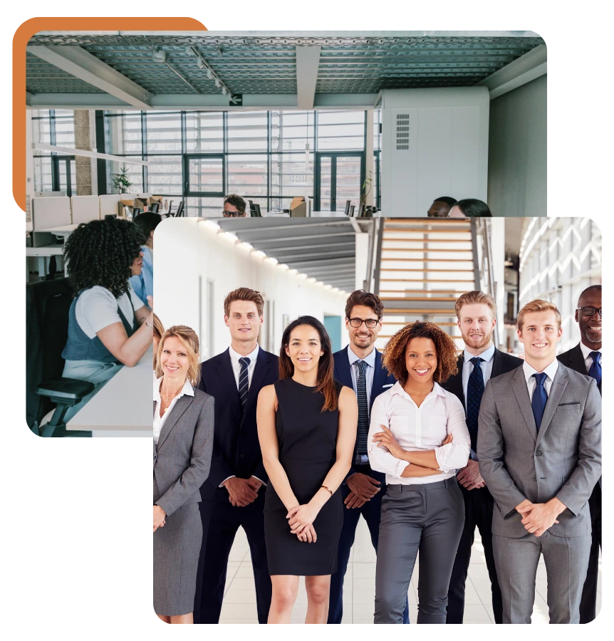 group of cooperate workers looking in front of the camera
