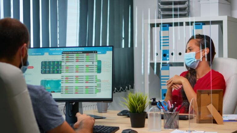 woman-with-protection-mask-having-online-meeting-conference-modern-new-normal-office-freelancer-working-workplace-chatting-with-remotely-team-virtual-webinar-using-internet-technology